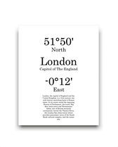 Schilderij  Steden Londen met graden positie en tekst - Minimalistisch / Motivatie / Teksten / 40x30cm