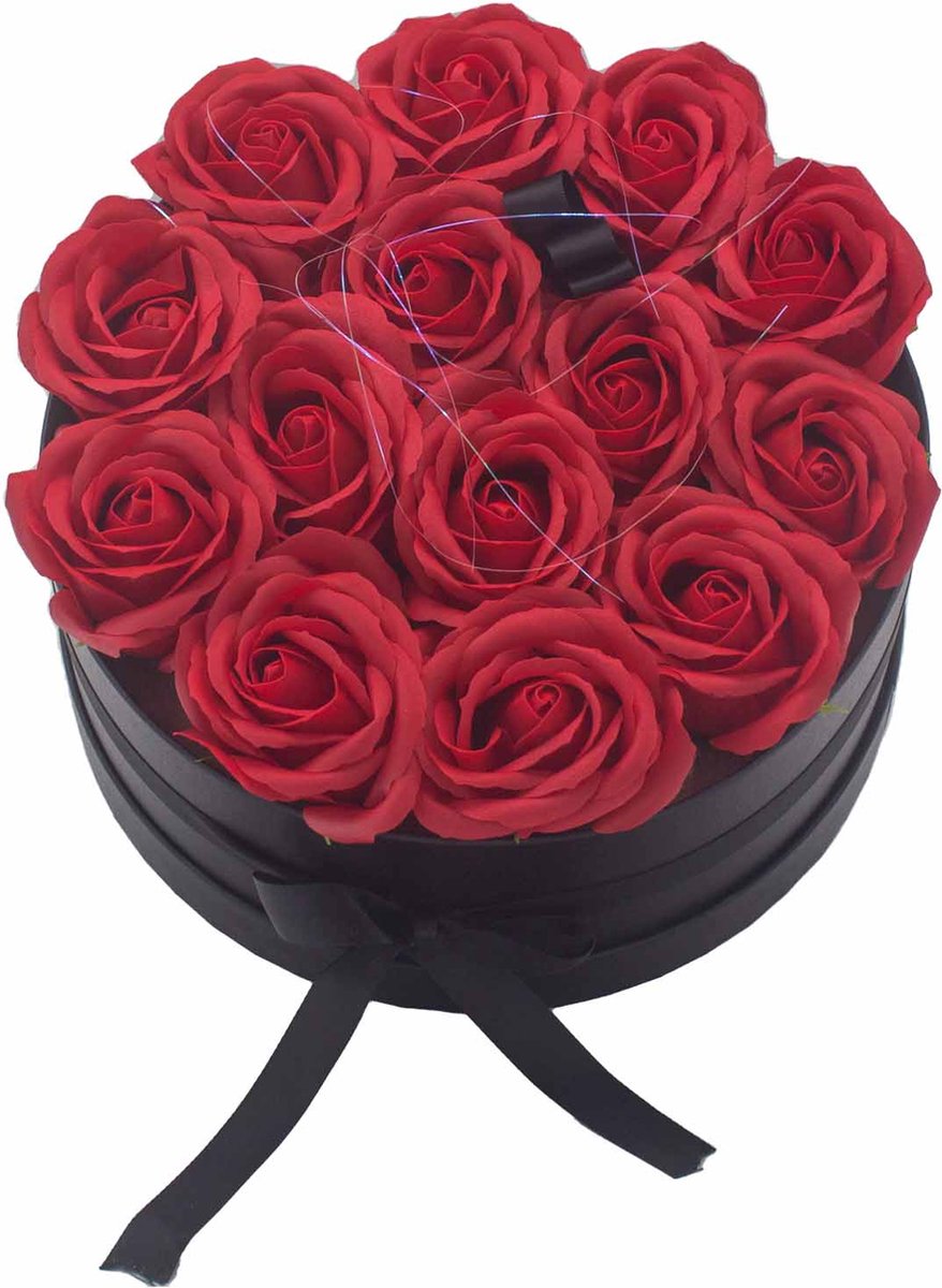 Zeep Bloemen Geschenkset - 14 Rode Rozen - Rond - 23x23x15cm