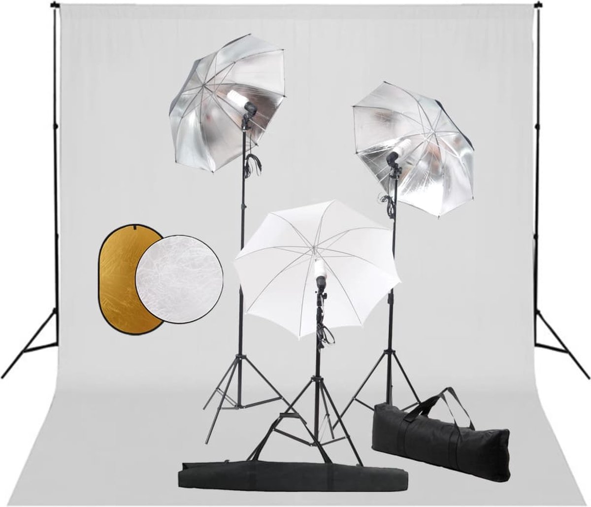 VidaLife Fotostudioset met lampen, paraplu's, achtergrond en reflector