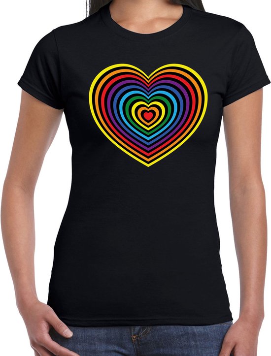 Regenboog hart gay pride / parade zwart t-shirt voor dames - LHBT evenement shirts kleding / outfit L