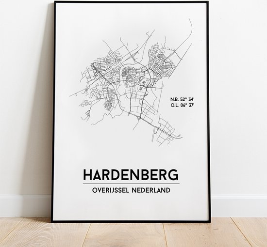 Hardenberg city poster, A4 zonder lijst, plattegrond poster, woonplaatsposter, woonposter