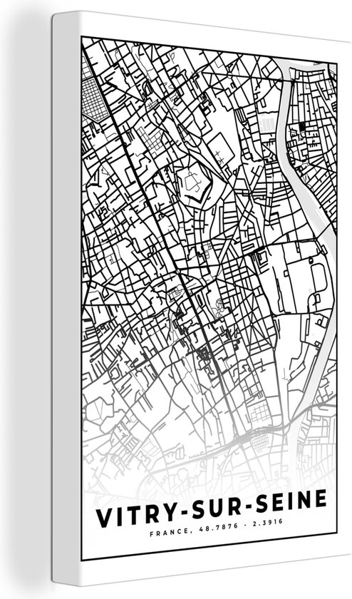 Canvas Schilderij Stadskaart - Plattegrond - Kaart - Vitry-sur-Seine - Frankrijk - Zwart wit - 40x60 cm - Wanddecoratie