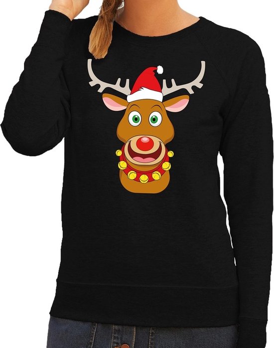 Foute kersttrui / sweater met Rudolf het rendier met rode kerstmuts zwart voor dames - Kersttruien M