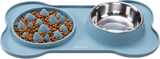 Navaris Voerbakset Van Keramiek – 2 Stuks Van 800 Ml Met Houten Onderzetters – Grijs/paars – Voor Honden En Katten