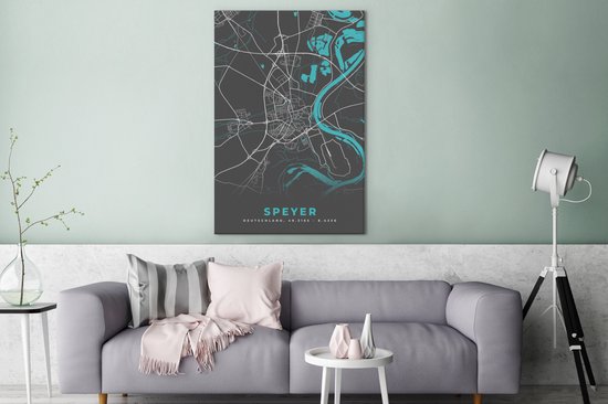 Canvas schilderij 90x140 cm - Wanddecoratie Plattegrond – Speyer – Blauw – Stadskaart – Kaart - Duitsland - Muurdecoratie woonkamer - Slaapkamer decoratie - Kamer accessoires - Schilderijen