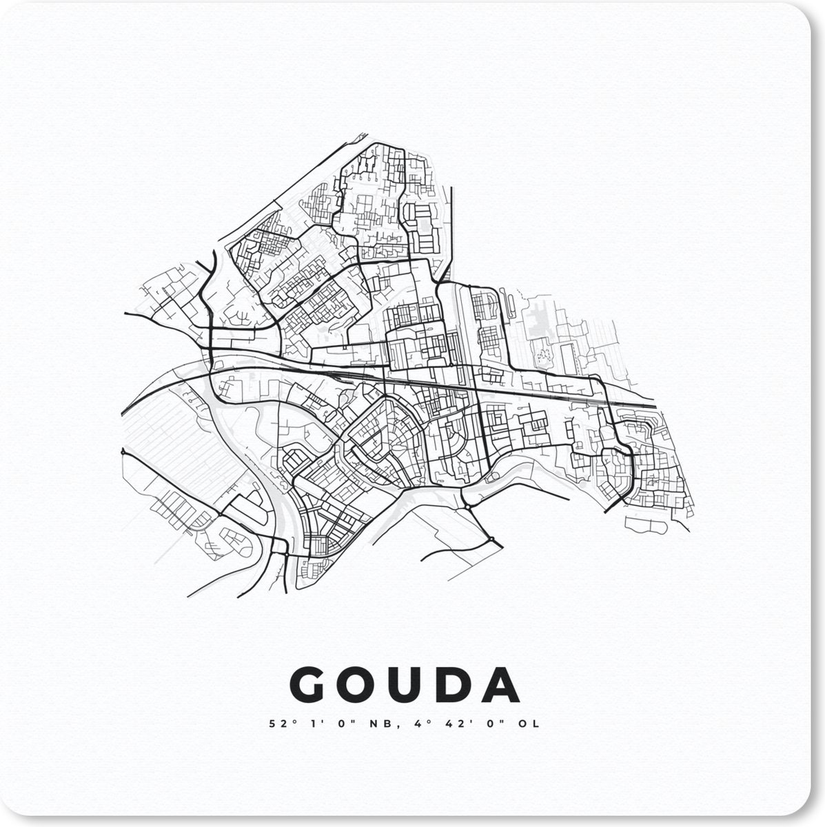 Muismat Klein - Nederland – Gouda – Stadskaart – Kaart – Zwart Wit – Plattegrond - 20x20 cm