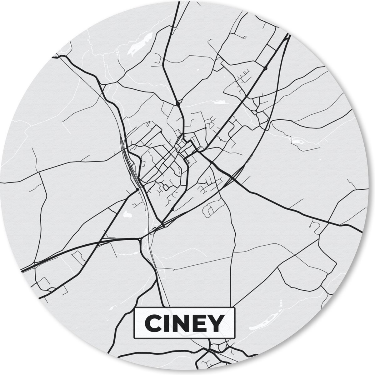Muismat rond 40x40 cm - Mousepad Kaart – Plattegrond – Stadskaart – Ciney – België – Zwart Wit - Ronde muismatten - Stadskaart