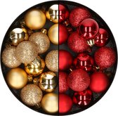 28x stuks kleine kunststof kerstballen goud en rood 3 cm - kerstversiering