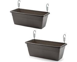 2x stuks hangende reling plantenbakken antraciet grijs rechthoekig 40 x 18 x 15 cm met setje metalen beugels