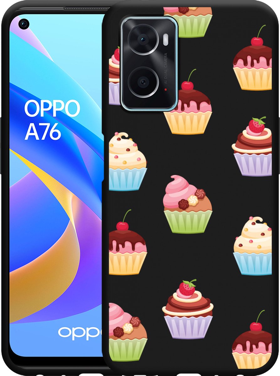 Oppo A76 Hoesje Zwart Cupcakes - Designed by Cazy