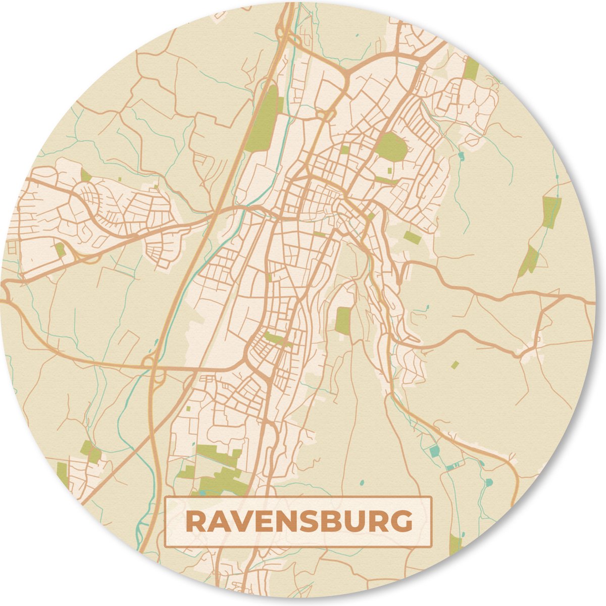 Muismat rond 50x50 cm - Mousepad Ravensburg - Plattegrond - Stadskaart - Kaart - Vintage - Ronde muismatten - Stadskaart