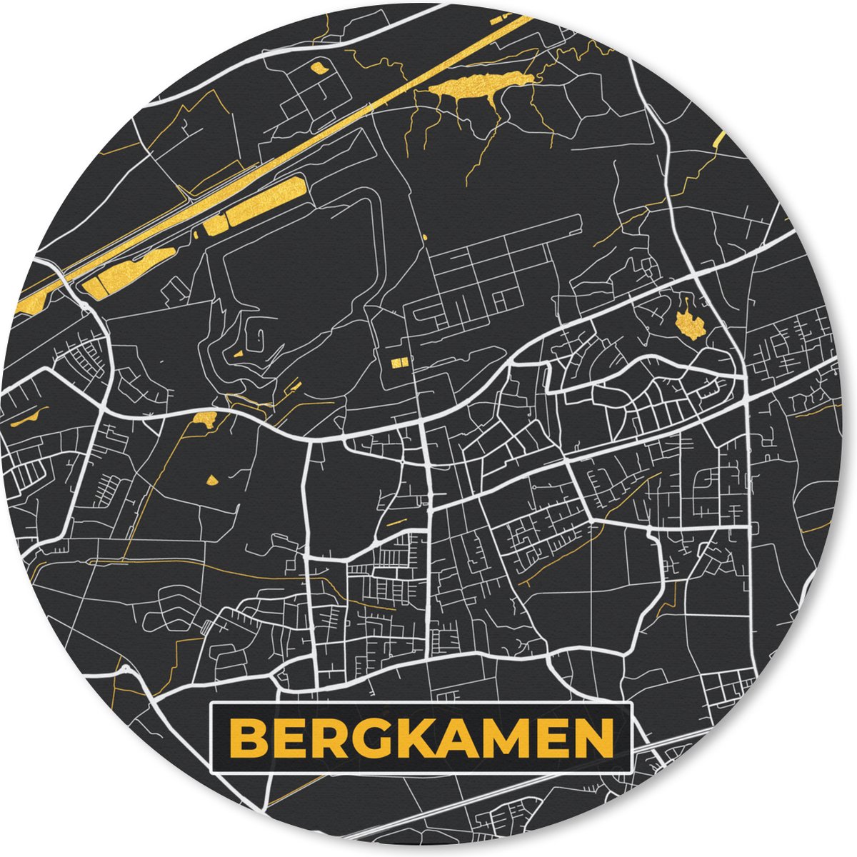 Muismat rond 50x50 cm - Mousepad Duitsland – Black and Gold – Bergkamen – Stadskaart – Kaart – Plattegrond - Ronde muismatten - Stadskaart