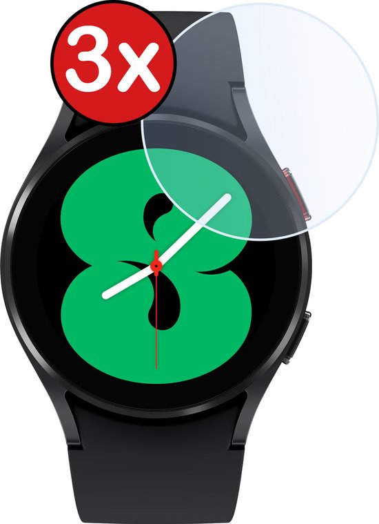 Zwarte smartwatch met grote groene '8', met rode cirkel '3x'.