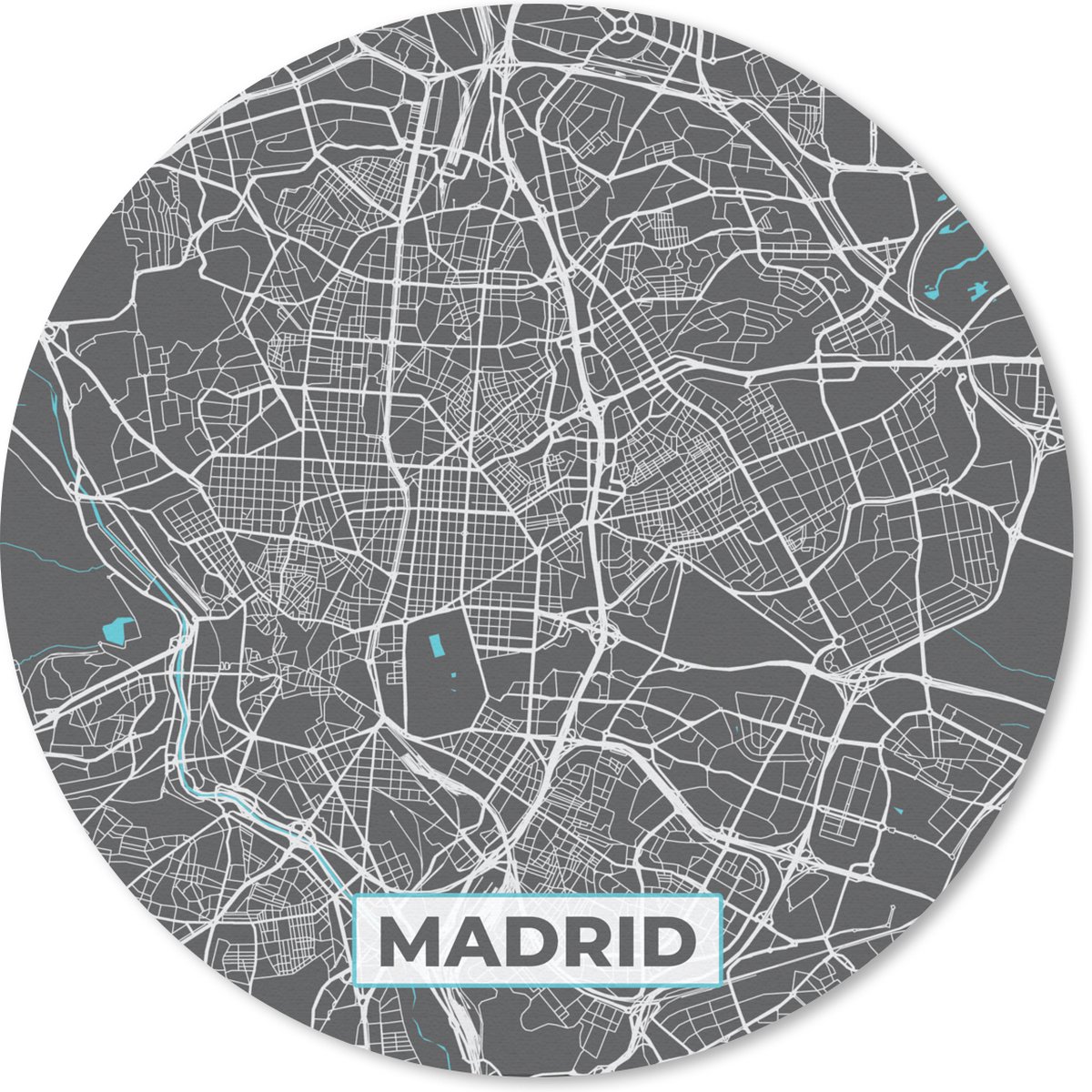 Muismat rond 20x20 cm - Mousepad Madrid - Blauw - Kaart - Plattegrond - Stadskaart - Ronde muismatten - Stadskaart