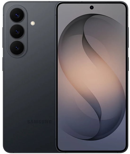 Téléphone Samsung noir, avant et arrière avec trois appareils photo. L'écran affiche un motif abstrait.
