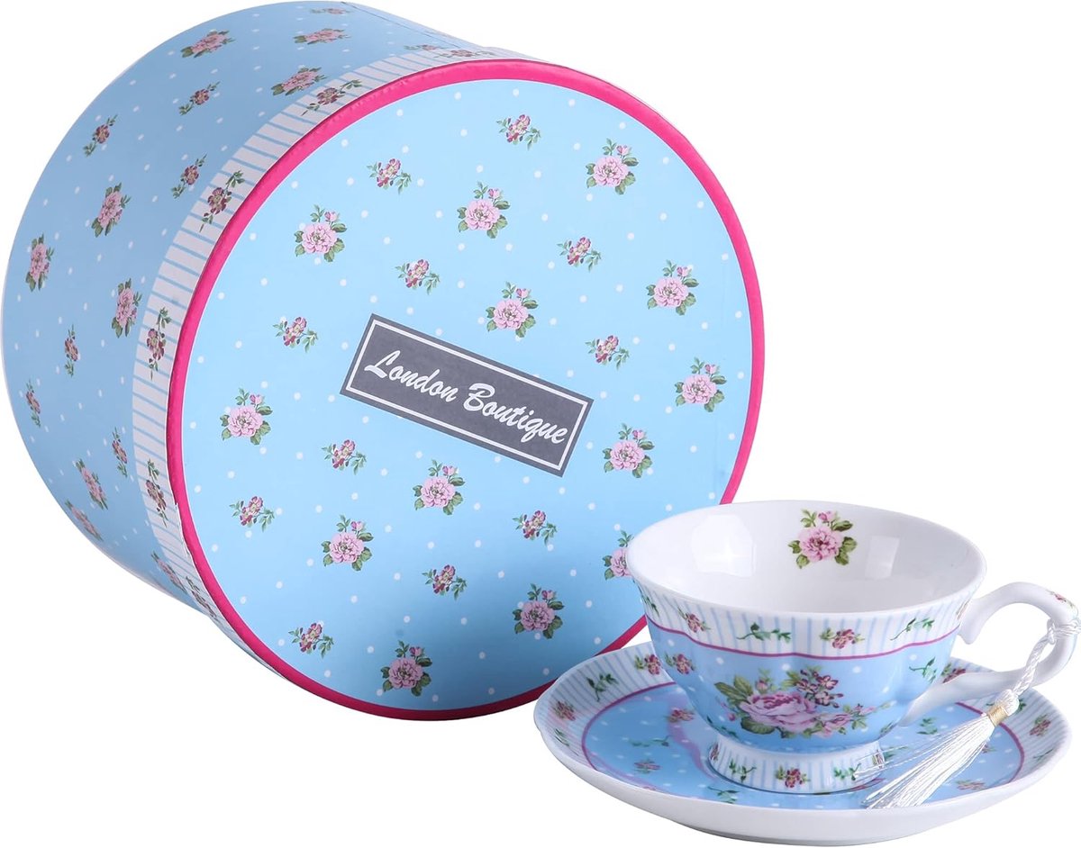 Kopje Schotel Set - Theekopje Porselein - Middagthee Serveren - Vintage Flora Design - 220 Milliliter - Roze Blauw
