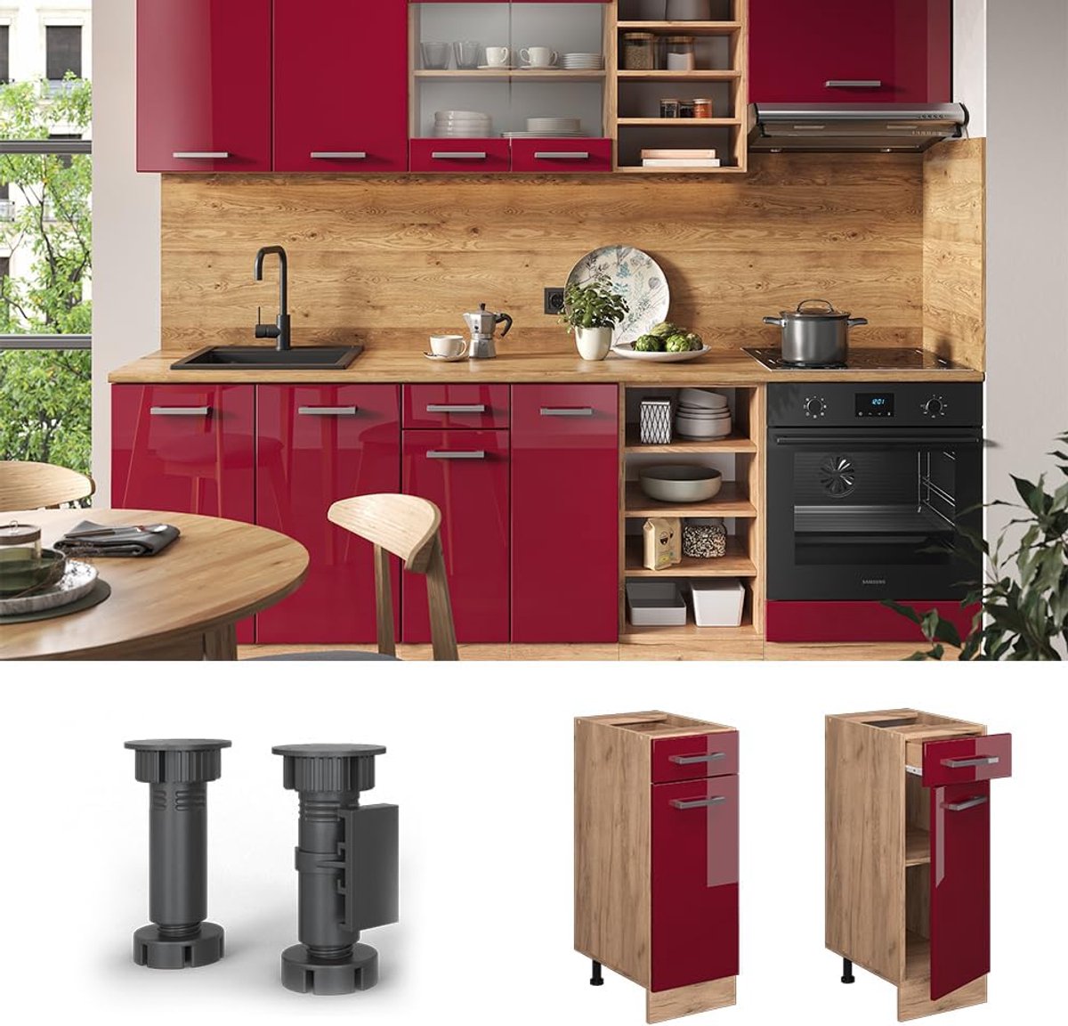 Keukenonderkast - Keukenmodule Lade - Keuken Opbergen - Verstelbare Poten - 30 cm Breed - Rode Hoogglans