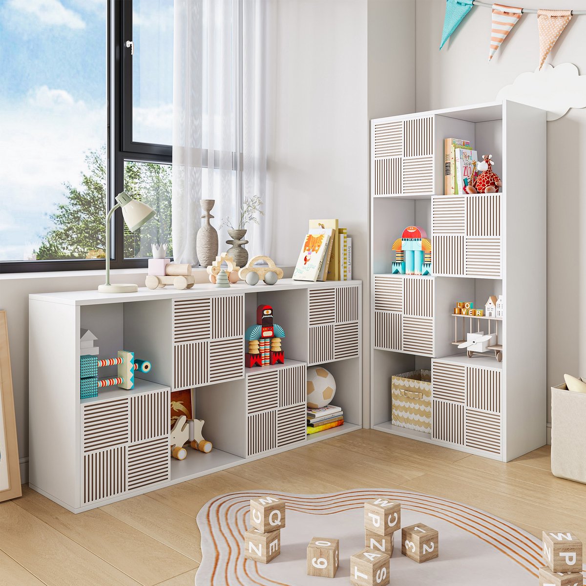 Boekenkast, kinderboekenkast met 8 kubusvormige vakken, 4 deuren, 4 open planken, opbergkast voor kinderkamer, slaapkamer, kantoor, woonkamer, modulaire kast, vitrinekast
