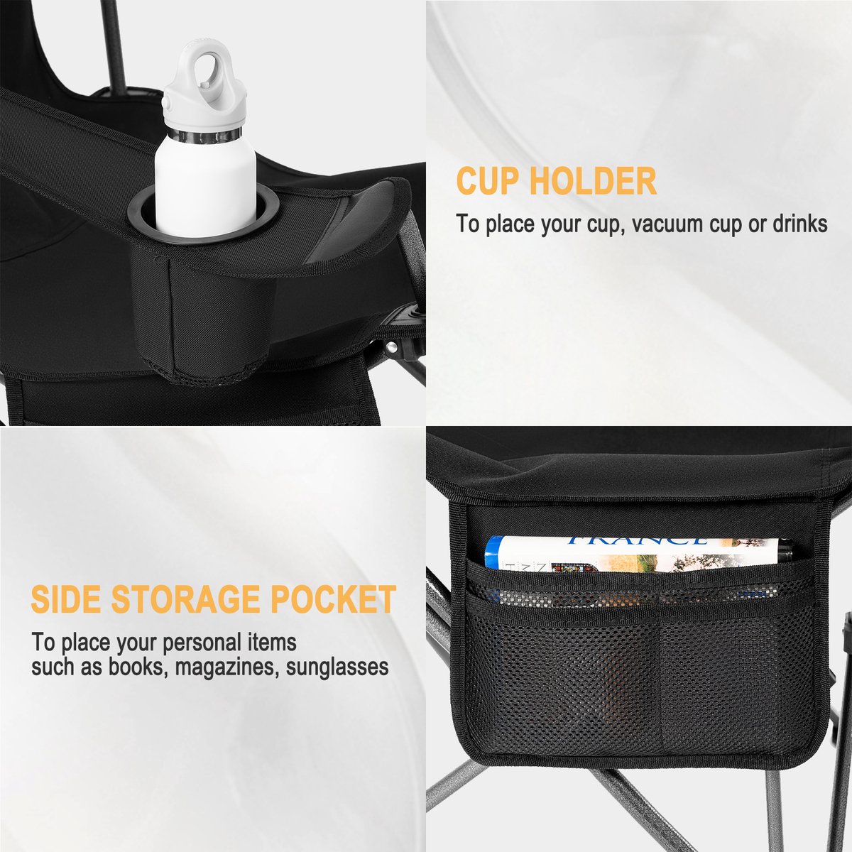 Campingstoelen - Vouwstoel - Campingstoel opvouwbaar - Strandstoel inklapbaar - Loungestoel buiten - Lichtgewicht Visstoel met Hoofdsteun & Bekerhouder – Inclusief Draagtas – Zwart — cadeau in Sport & Outdoor - foto 3