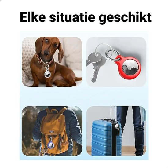 Vier afbeeldingen die de veelzijdigheid tonen: hond met AirTag aan halsband, sleutels met rode AirTag houder, rugzak met blauwe AirTag houder, koffer met zwarte AirTag houder.
