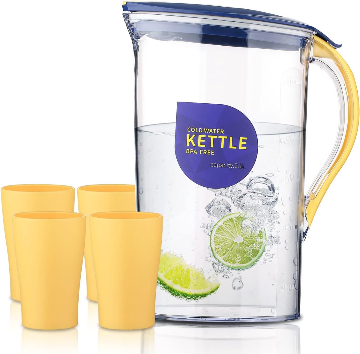 Waterkan met deksel - Drank karaf - Dranken serveren - BPA-vrij kunststof - 21 Liter - Geel met 4 bekers