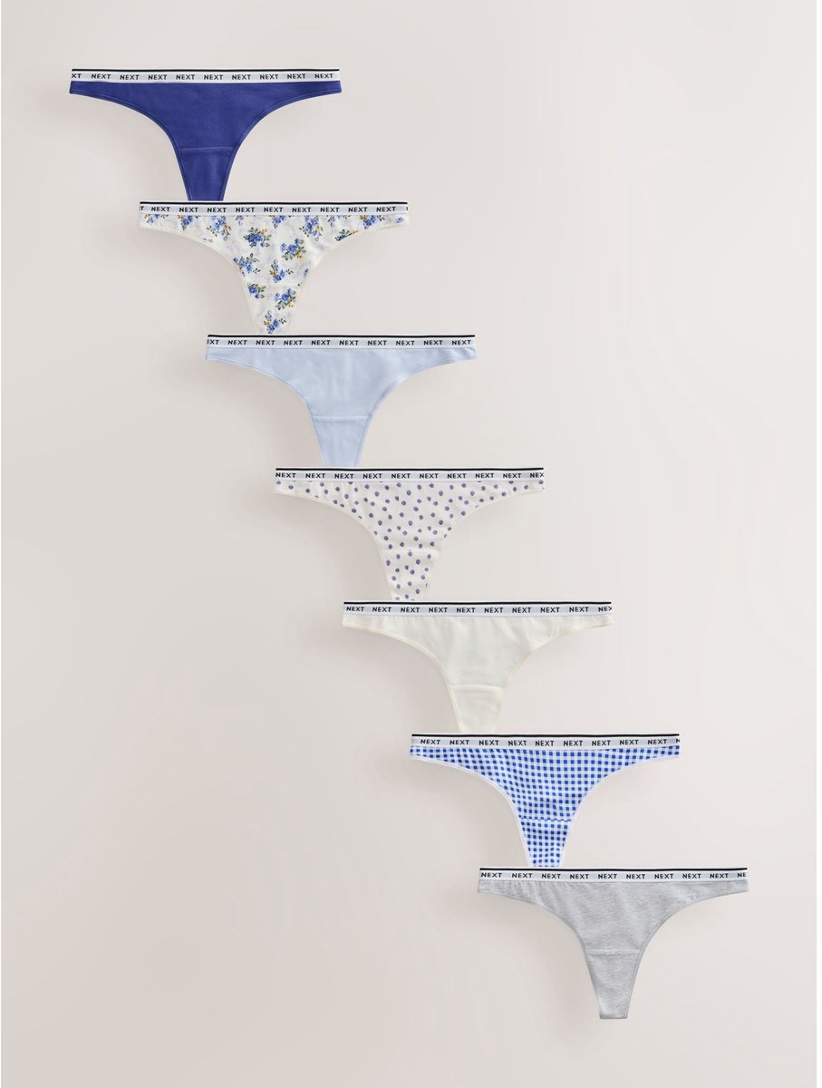 Next - Dames - Set van 7 katoenen strings met logo - Blauw