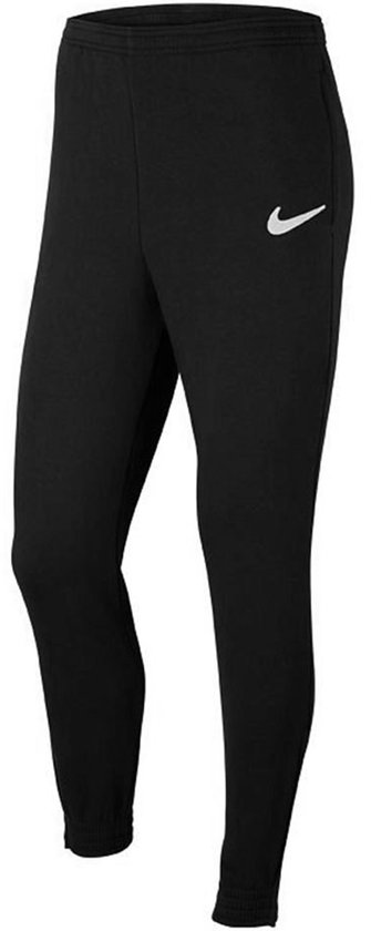 Zwarte Nike sportbroek met witte Swoosh logo op linkerbeen.