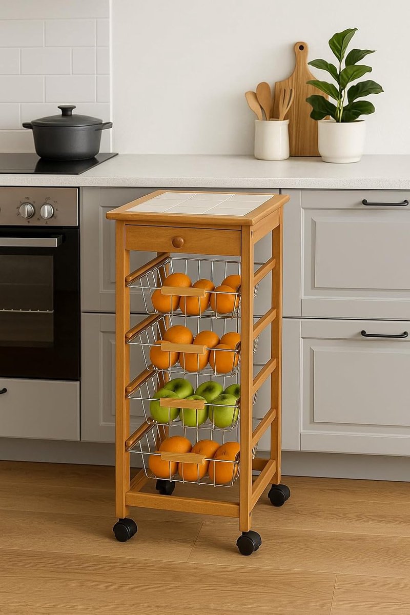 Serveertrolley Hout - Keukenwagen - Opslag en Serveert - Gelaagde Plank - 37x37x85 cm - Groen