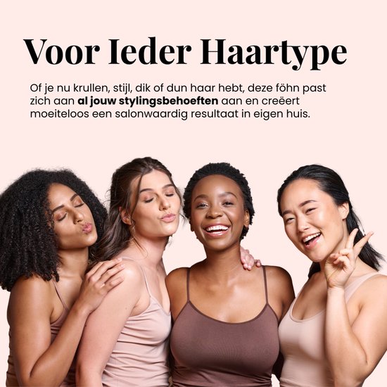 Vier vrouwen met verschillende haartypes: stijl, krullend, dik en dun, die allemaal de föhn kunnen gebruiken.
