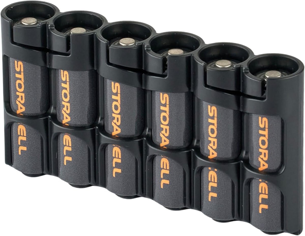 Batterij Opslag Caddy - Batterijhouder Dispenser - Organisatie Thuis Reizen - Gepatenteerd Vergrendelsysteem - Voor 6 AA Batterijen - Zwart