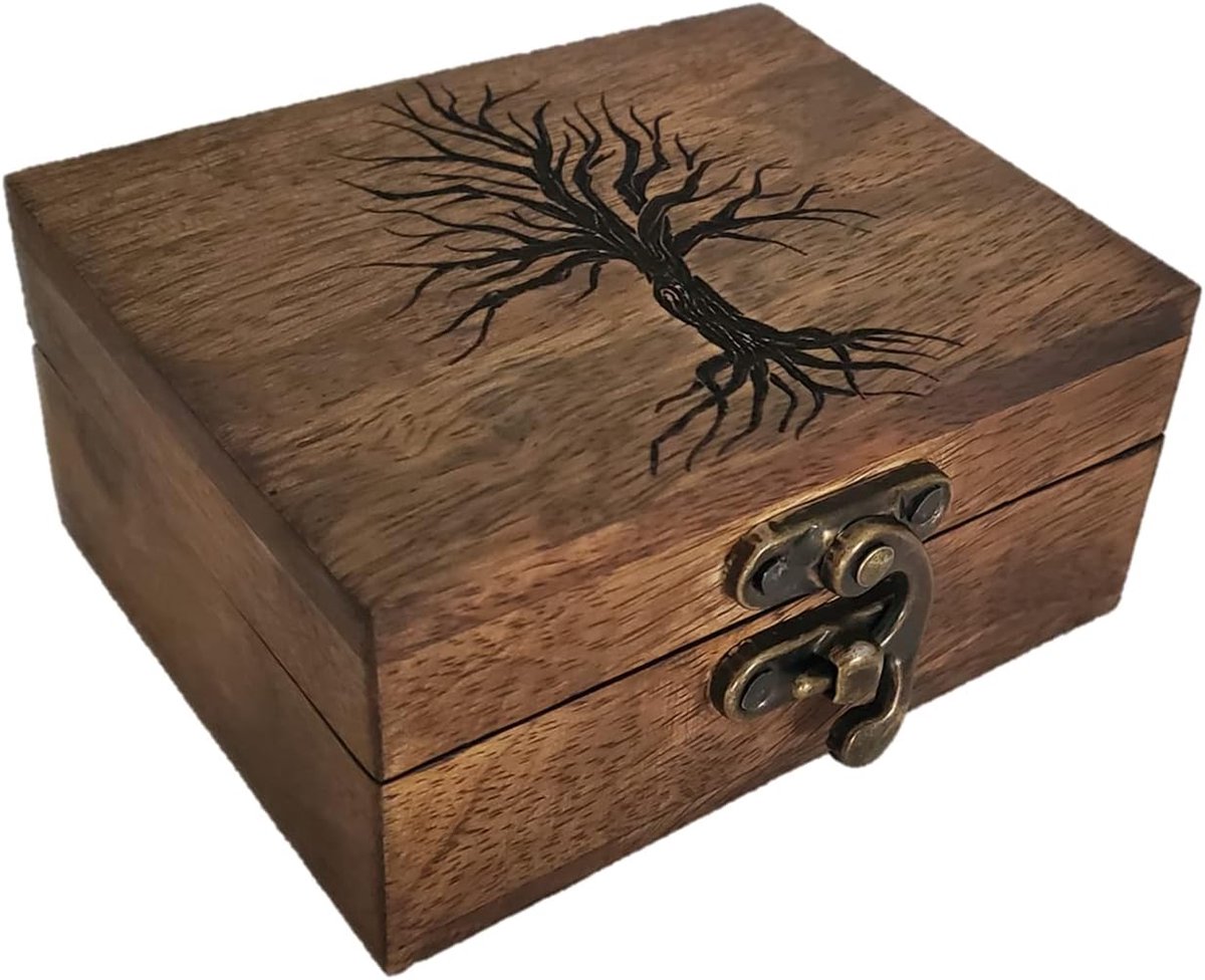 Levensboom Doos - Houten Juwelendoos - Aandenken Opbergen - Handgemaakt Gegraveerd - 9.5x7.6x4.4 cm - Walnoot Bruin