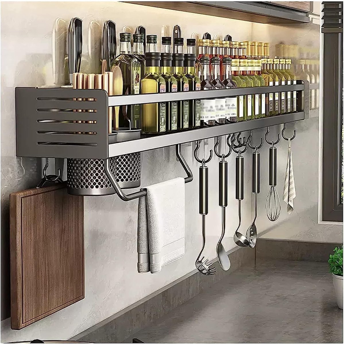 Keuken Wandrek - Opbergrek Keuken - Keuken Organisatie - Met Haken - 50x13x10cm - Grijs