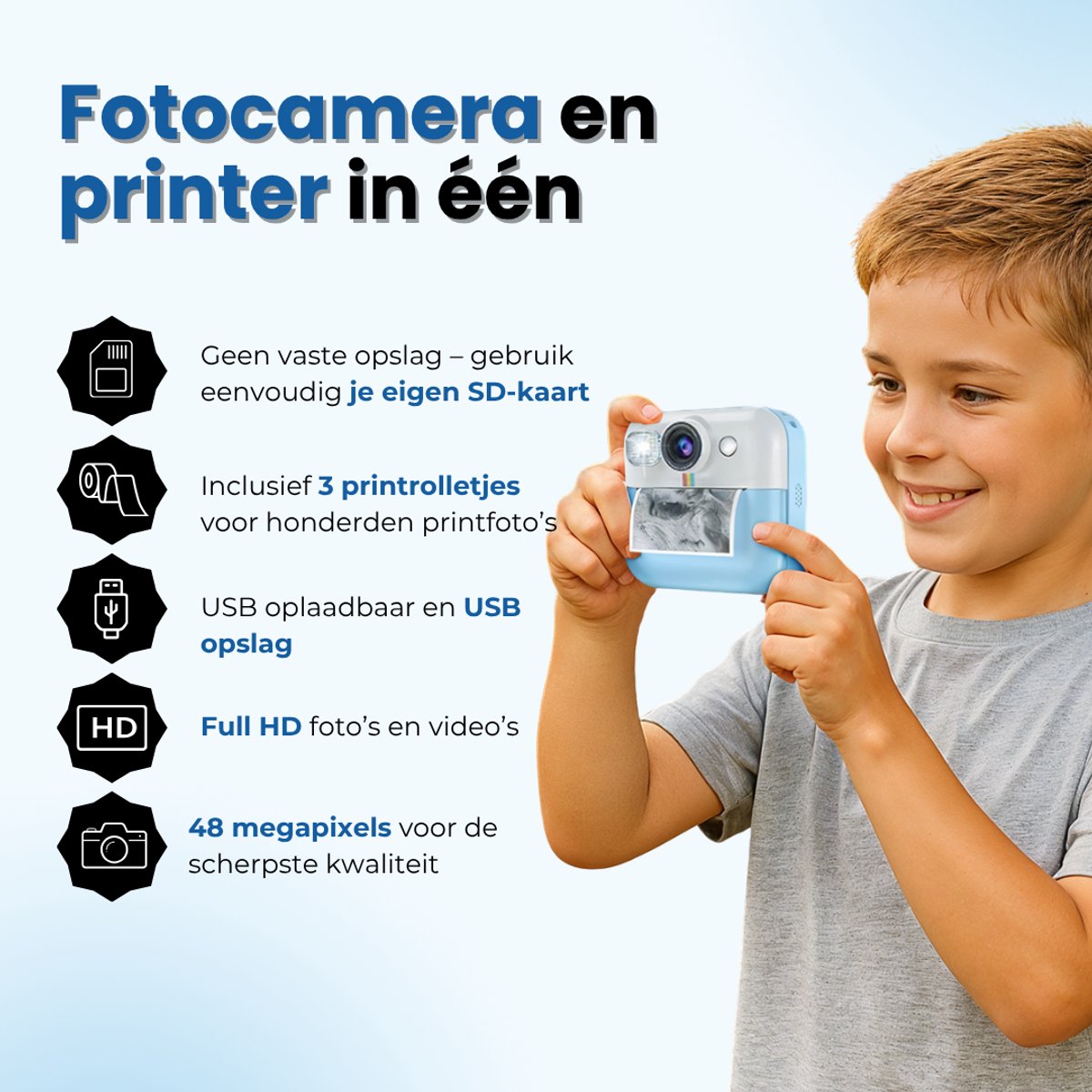 TinyPlay Kindercamera met foto printer - Digitale Camera Kinderen - 48MP - Full HD Foto en Video - Spelletjes - Fotoprinter - Kinder camera - Digitale kindercamera - Blauw – foto 7