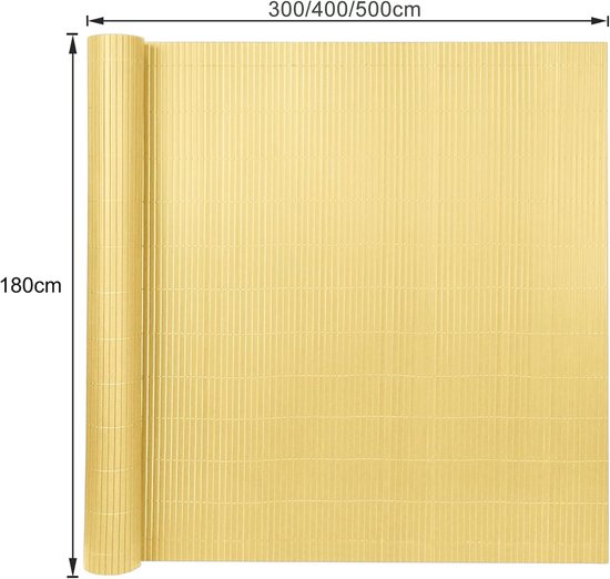Gouden PVC-scherm, 180 cm hoog, opgerold. Afmetingen 300/400/500cm breed.