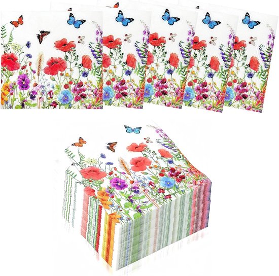 Floral Napkins 80 Pieces - Bloemen voor Bruiloft - Zomer Party - Doop - Baby Shower - Tafel Decoraties - Papieren Wegwerpnappen