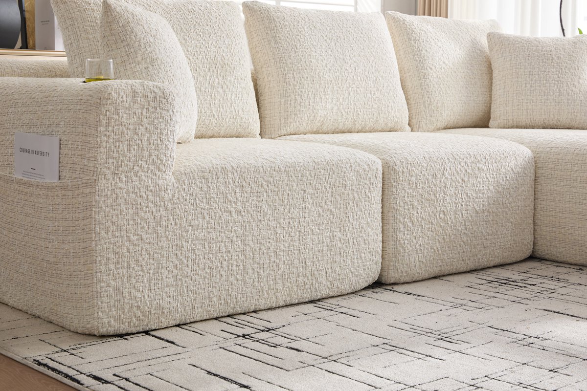 OKWISH Hoekbank - 3-Zits Modulaire Bank Met Zijvakken & Brede Armleuningen - Woonkamer - Chenille - Beige