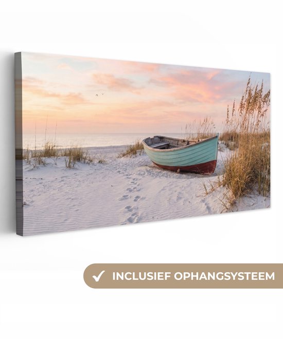 Canvas schilderij 80x40 cm - Exclusieve wanddecoratie Rustiek - Roeiboot - Zandstrand - Muurdecoratie woonkamer - Slaapkamer decoratie - Kamer accessoires - Schilderijen op canvas