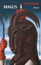 Boekomslag van "MAGUS" door John Fowles. Een donkerbruine bok met hoorns, een kaars op zijn hoofd, en een rode handschoen die een staf vasthoudt.