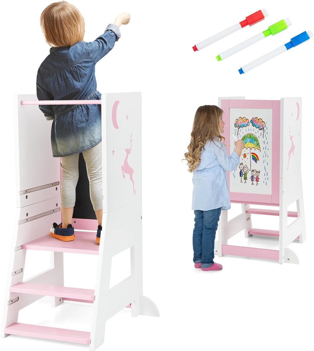 Kinder Leertoren - Houten Keukentoren - Onafhankelijk Leren - 3 In 1 Functie - 37x50x87 cm - Roze