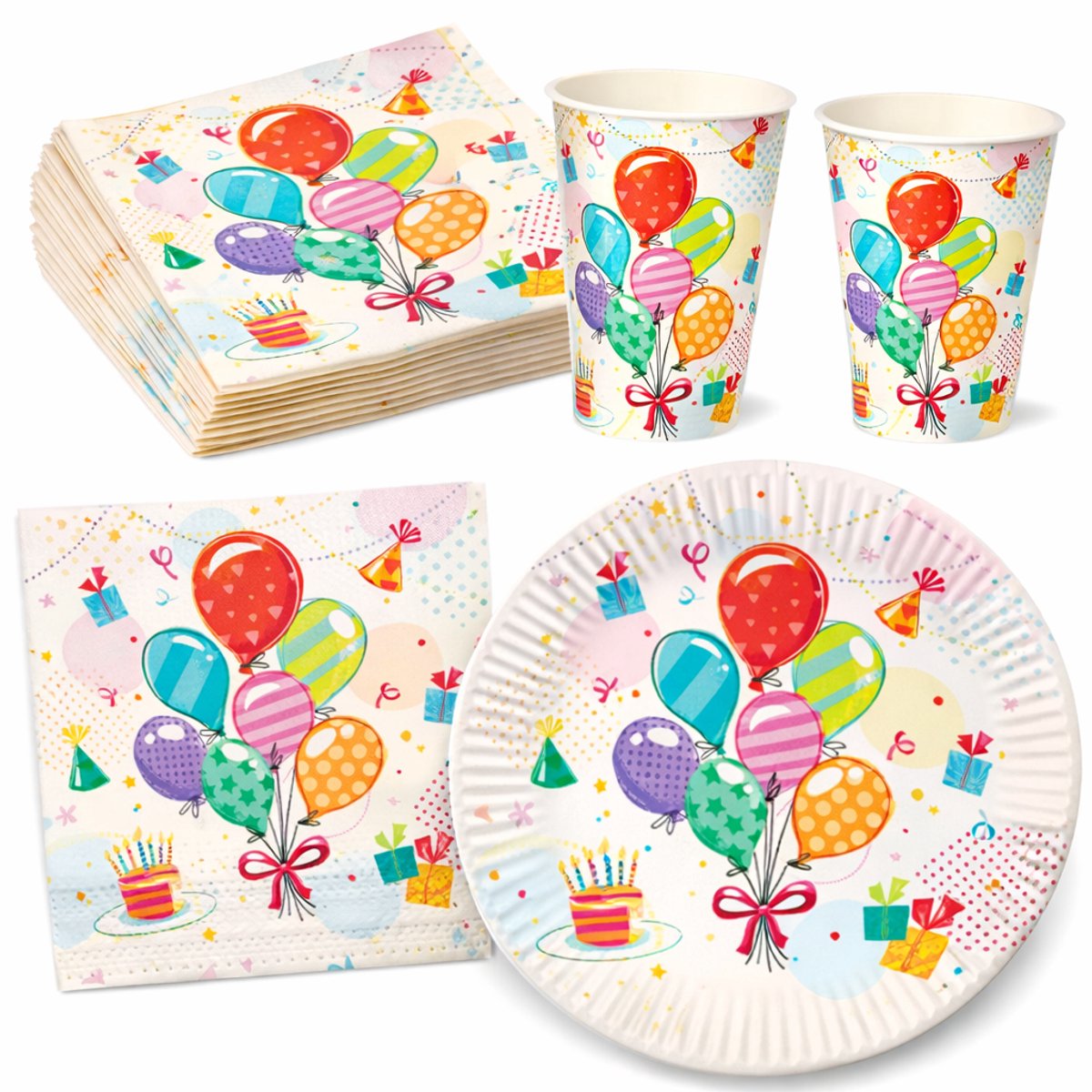 Wegwerp Servies Set Verjaardag "Feestje" - 20 personen- 20 x Borden 23cm Bekers 0,2 l Servetten 3-laags 33 cm x 33 cm feest Feestartikelen