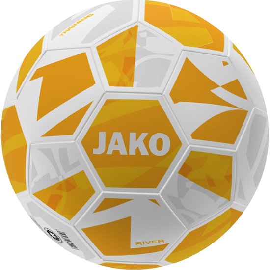 Blanc avec des motifs jaunes. Logo JAKO au centre. 'TRAINING' en haut.