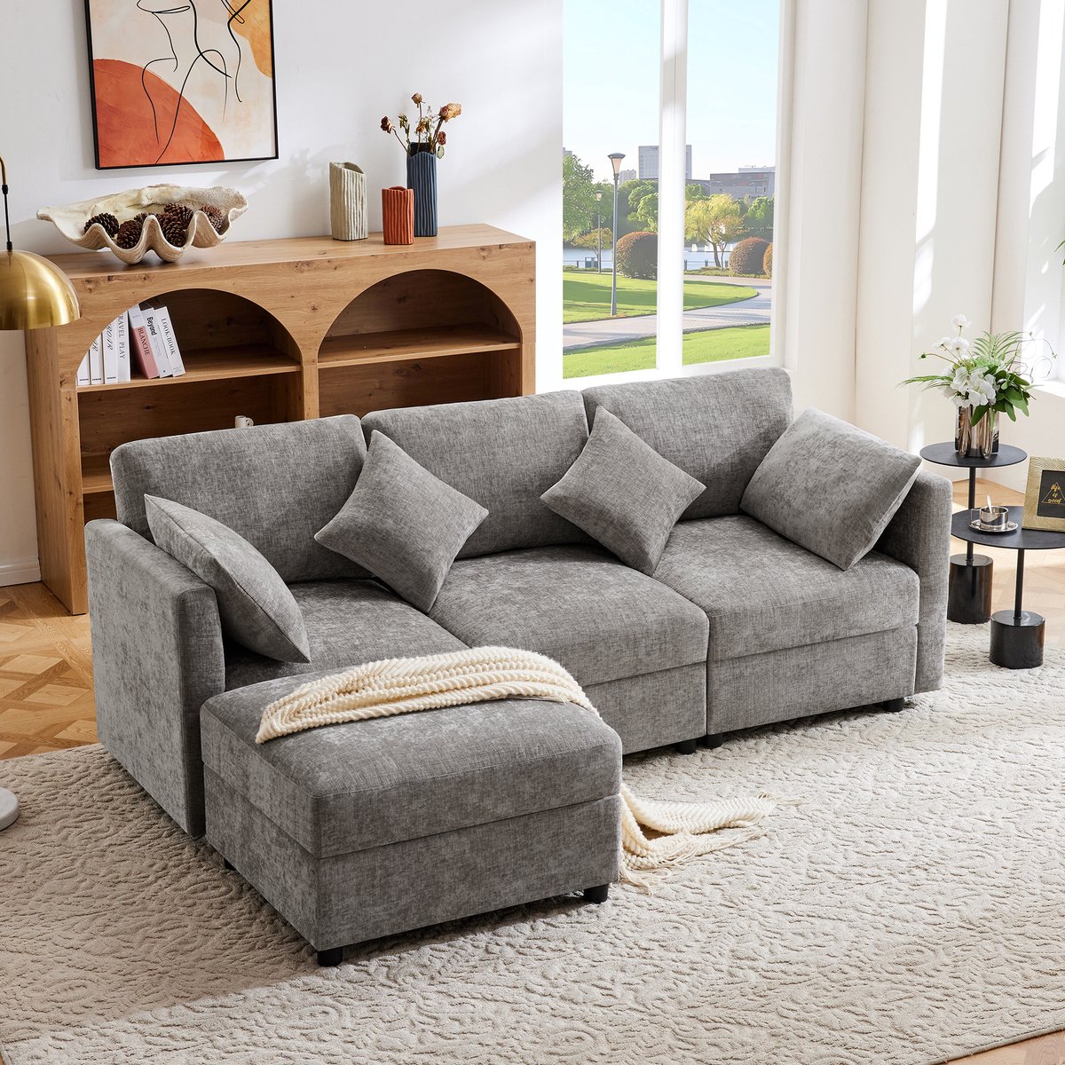 MODENUIT Hoekbank 218 x 156,5 cm - Verstelbare Armleuningen, Hocker en 4 Kussens - Voor Woonkamer - Chenille Grijs