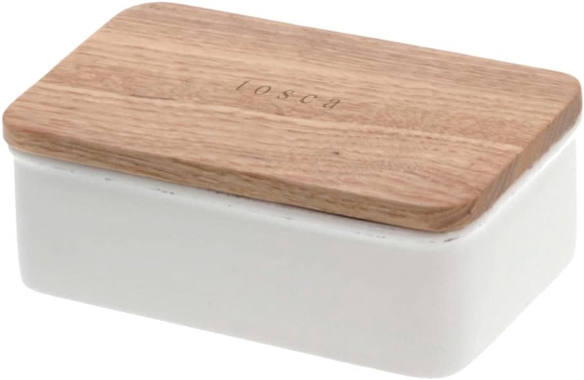 Boterdoos - Opslag Bakje - Keuken Organisatie - Keramiek Hout - 15 x 9 x 5 cm - Wit