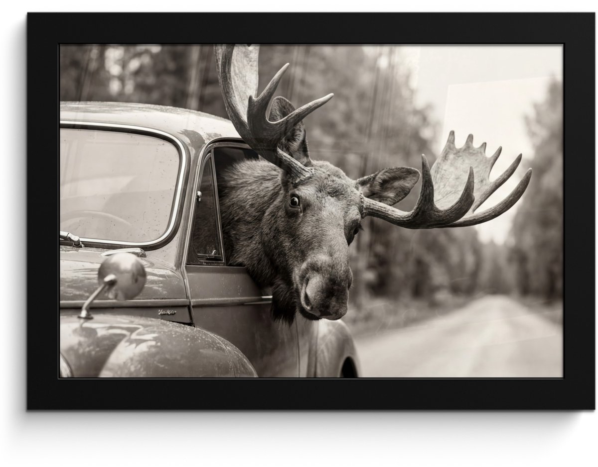 FrameYourWall Poster in lijst - Fotolijst 30x20 cm - Posters - Eland - Auto - Gewei - Zwart - Wit - Posterlijst zwart - Decoratie - Wanddecoratie woonkamer - Muurdecoratie slaapkamer