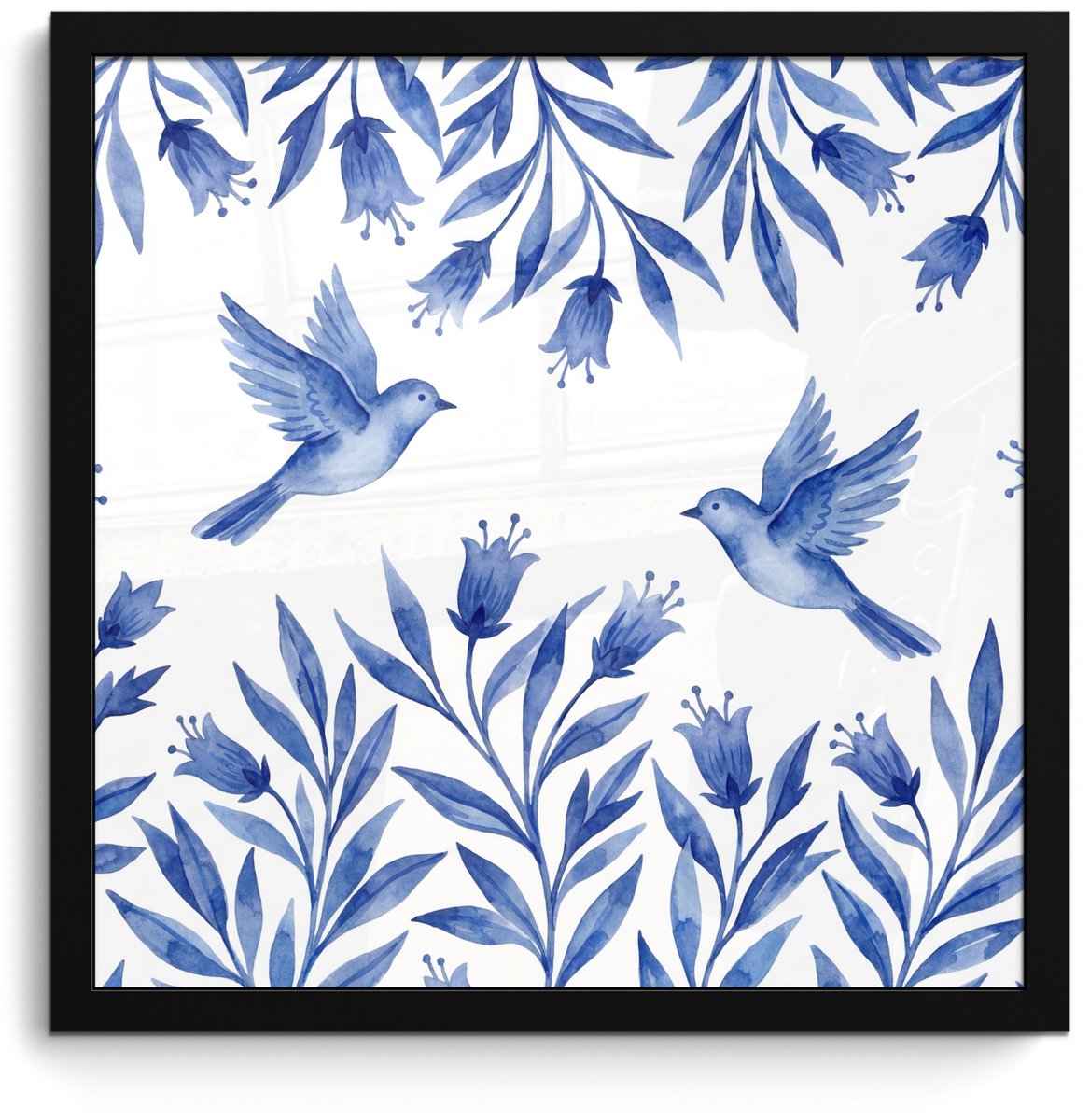 FrameYourWall Poster in lijst - Fotolijst 40x40 cm - Posters - Modern - Vogels - Delfts - Blauw - Posterlijst zwart - Decoratie - Wanddecoratie woonkamer - Muurdecoratie slaapkamer