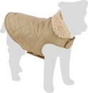 Gewatteerde beige hondenjas met crème teddy voering rond de hals.