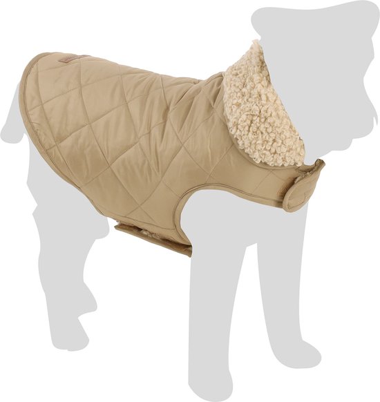 Gewatteerde beige hondenjas met crème teddy voering rond de hals.