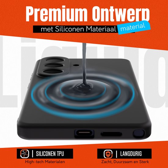 Zwarte Samsung A57 hoes van siliconen TPU, zacht, duurzaam en sterk. Premium ontwerp met vloeibaar siliconen materiaal.