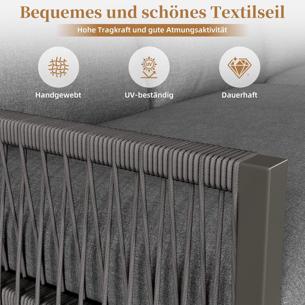 Tuinloungeset 6-7 Personen – Bellavero Luxe Hoekbank L-Vorm met 2 Tafels – Weerbestendige Lounge Set met Kussens, Verstelbare Poten & Touwdetails – Moderne Tuinset voor Terras, Balkon & Tuin – Grijs