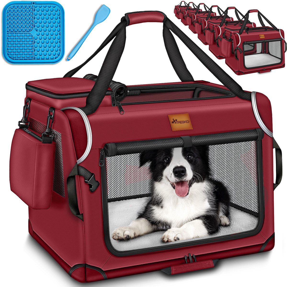 TRESKO® Hondenbox opvouwbaar incl. likmat, spatel & reflectoren XXXL 102x69x69cm | Transportbox voor honden en katten | Hondentransportbox auto voor kleine & grote honden | Hondentas robuust rood